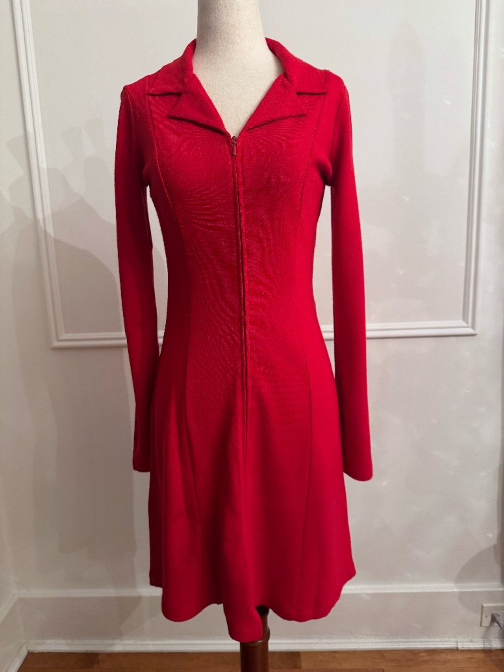Vintage Y2K Benetton Red Zip Front Collared Knit Dress Long Sleeve Italy Size S